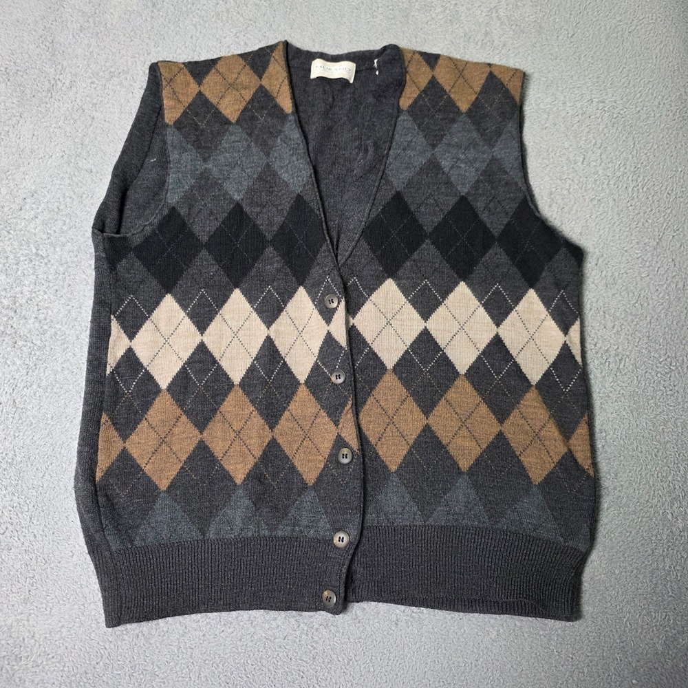 Murano Mens Large Cardigan Vest Charcoal Grey Argyle Wool Blend Made in Italy